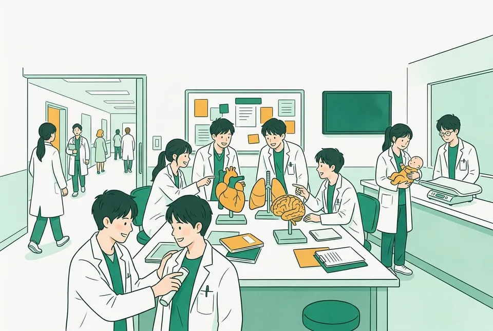 大学病院の明るい廊下で、心臓・肺・脳の大きな模型や赤ちゃんの人形を囲み、紙の筒や聴診器を手に話し合う大学生たち