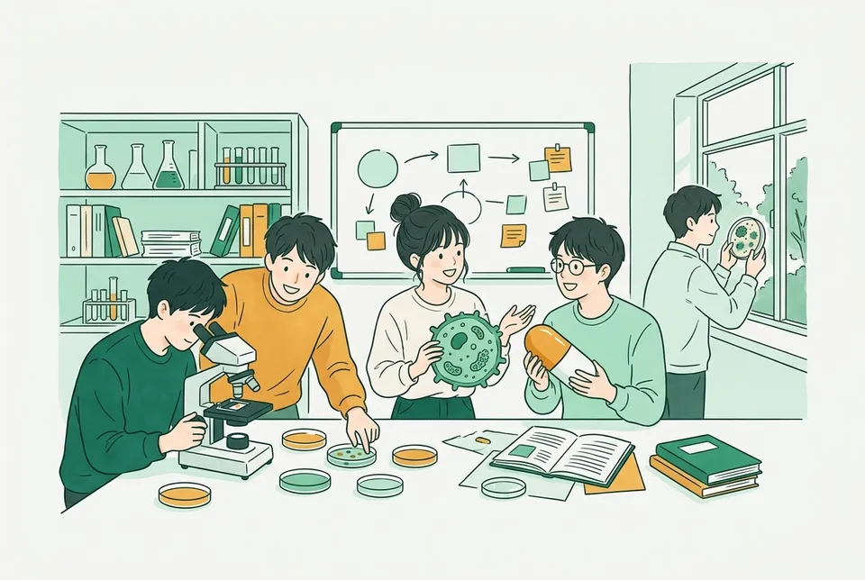 明るい研究室で、顕微鏡をのぞく学生、色とりどりのシャーレを並べる学生、細胞と薬のカプセルの大きな模型を手に話し合う学生たち