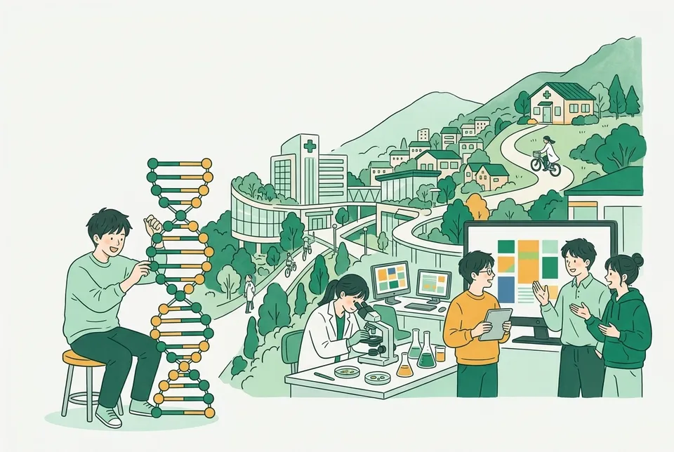 DNA の二重らせんの大きな模型、培養皿をのぞく顕微鏡、画像を映した画面(文字なし)、山あいの町の診療所が 1 つの場面につながり、白衣の大学生たちが話し合う様子
