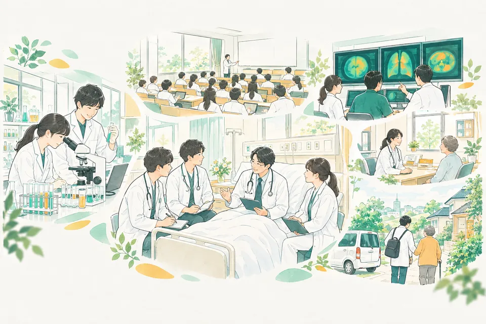 大学病院で指導医と一緒に患者の話を聞く医学生と、研究室・講義室・地域の診療所がつながる様子