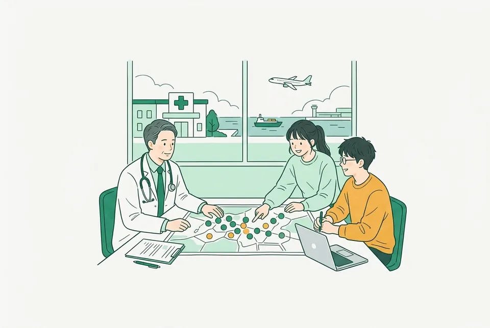 町の大きな地図を広げた机を囲み、感染症の広がりを色の点で示しながら話し合う医師と大学生たち。窓の外には保健所の建物と港、空港が見える
