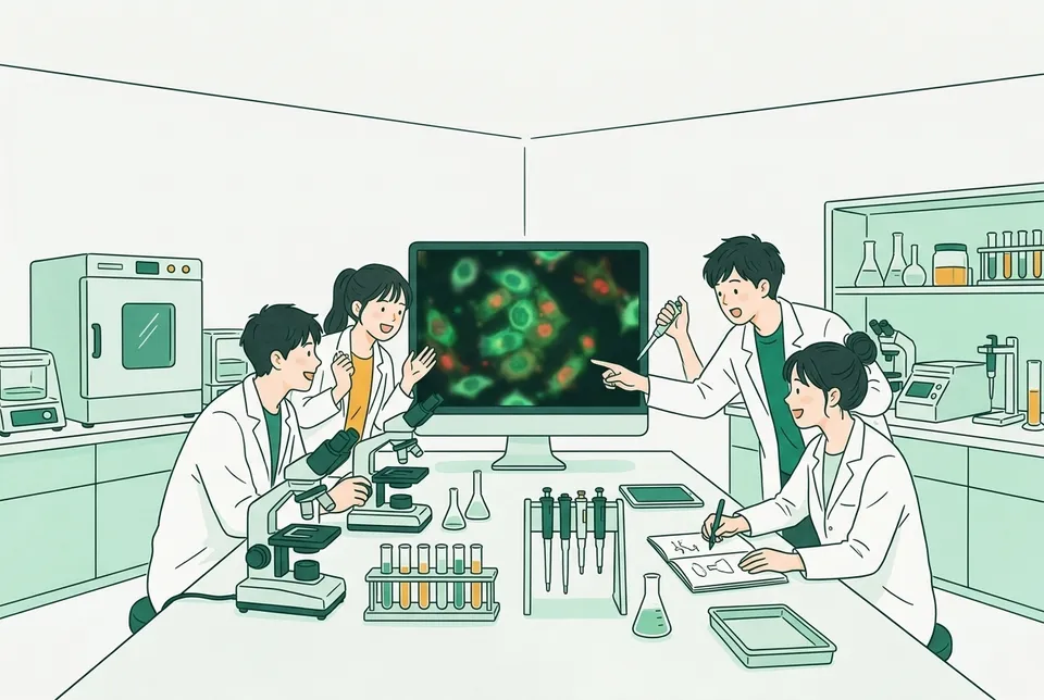 顕微鏡や細胞を育てる装置が並ぶ明るい研究室で、画面に映る光る細胞の画像(文字なし)を囲み、白衣の大学生たちが話し合う様子