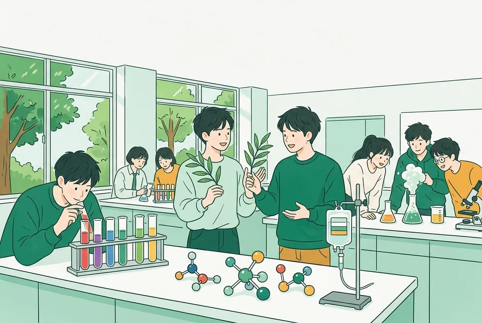 実験室で、色の違う液が並んだ試験管を見比べる学生、ヤナギの枝を手に話す学生、泡が勢いよく立つビーカーをのぞきこむ学生たち