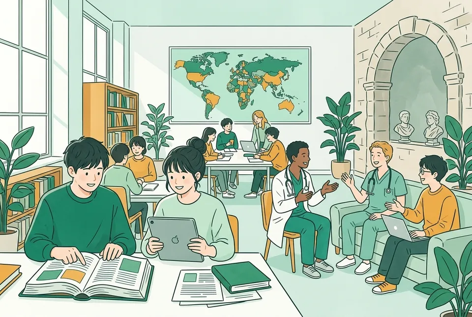 大学の図書館で英語の医学書を広げる学生、タブレットで論文を読む学生、海外から来た医学生と身ぶりを交えて話す学生たち