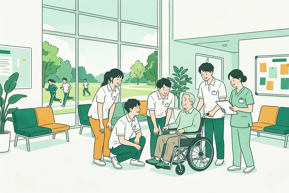 夏の地域の病院のロビーで、看護師の説明を聞きながら車いすの患者さんと話す医学部 1 年生たちと、窓の外のグラウンドで練習する学生たち