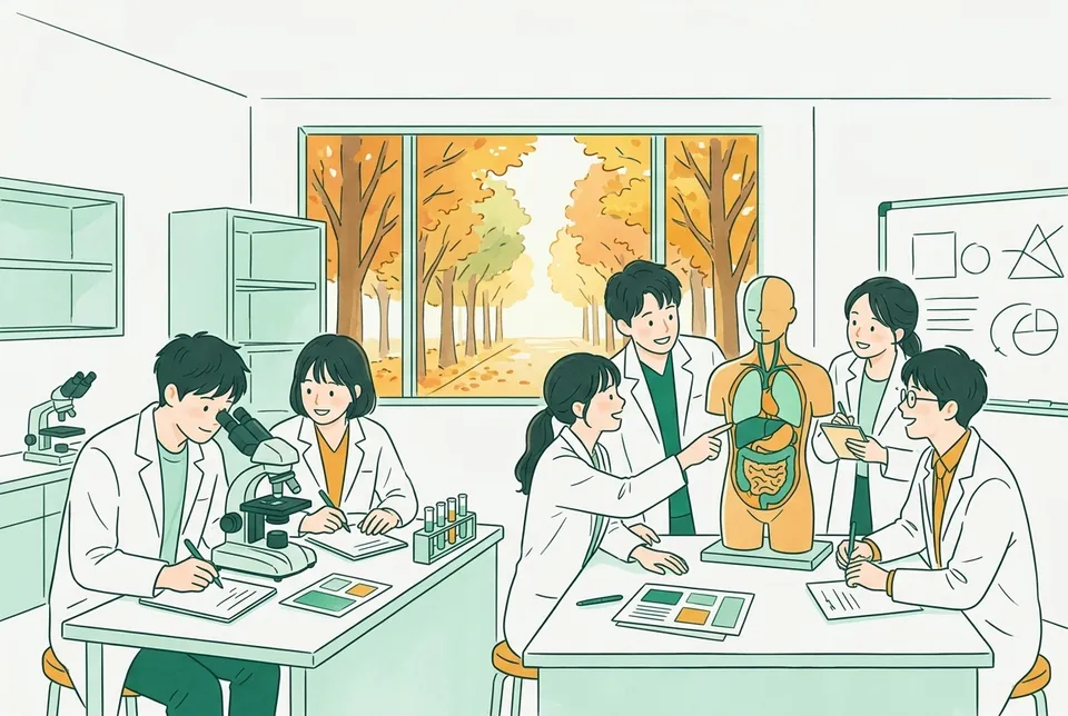 明るい実習室で顕微鏡をのぞく医学生たちと、人体の上半身の模型を囲んで臓器の位置を確かめ合う学生たち