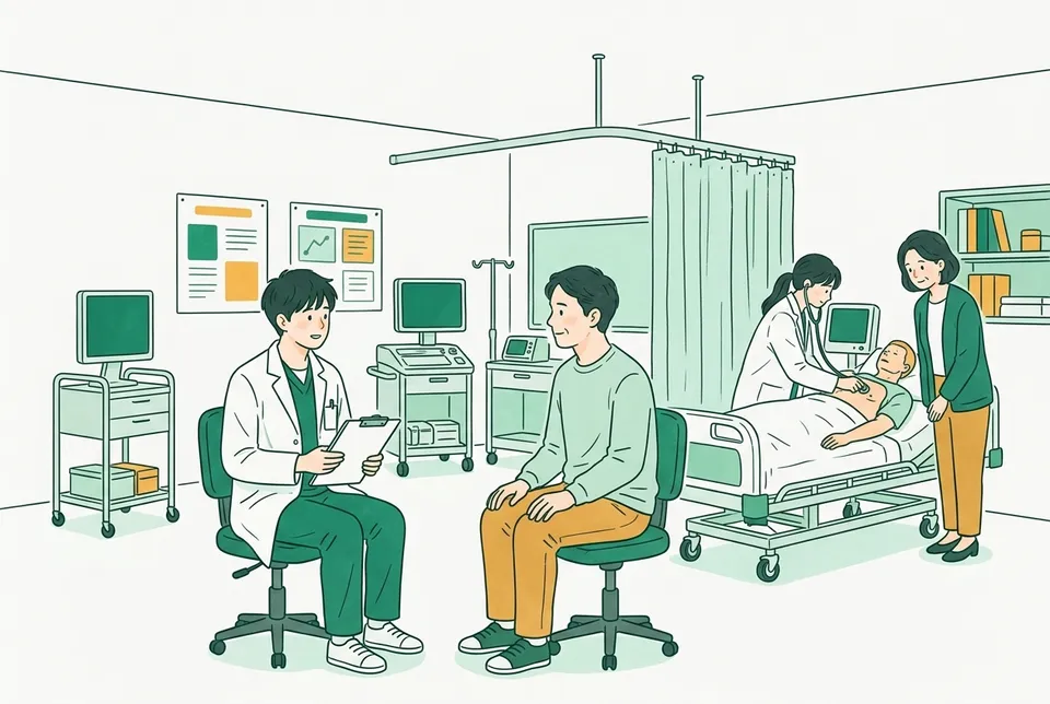 シミュレーション室で模擬患者の話を聞く医学生と、マネキン型のシミュレーターの胸に聴診器を当てる学生