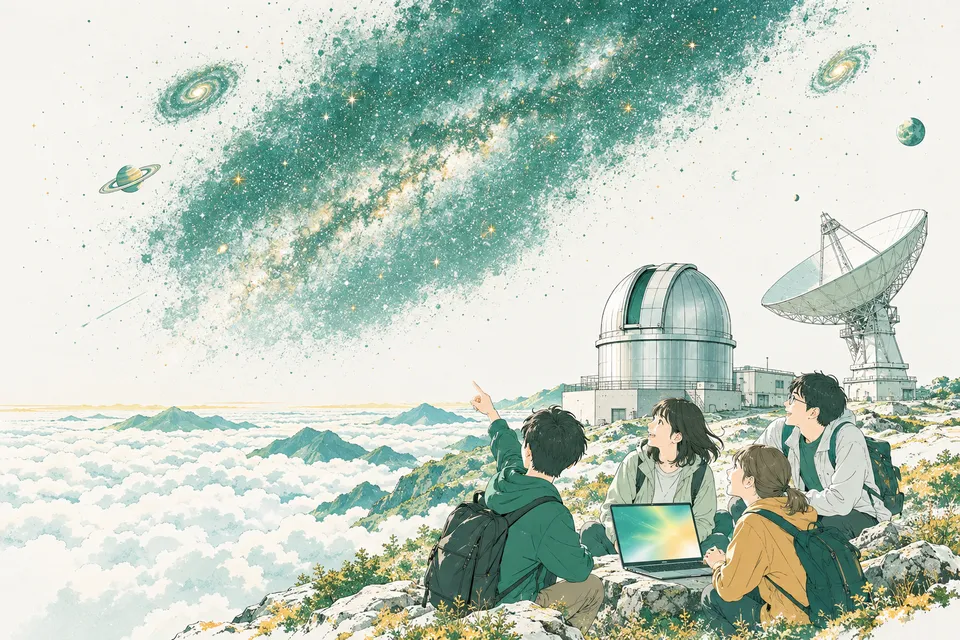 満天の星空の下、山頂の望遠鏡ドームと電波望遠鏡のアンテナのそばで、ノートパソコンを囲んで星空を見上げる学生たち