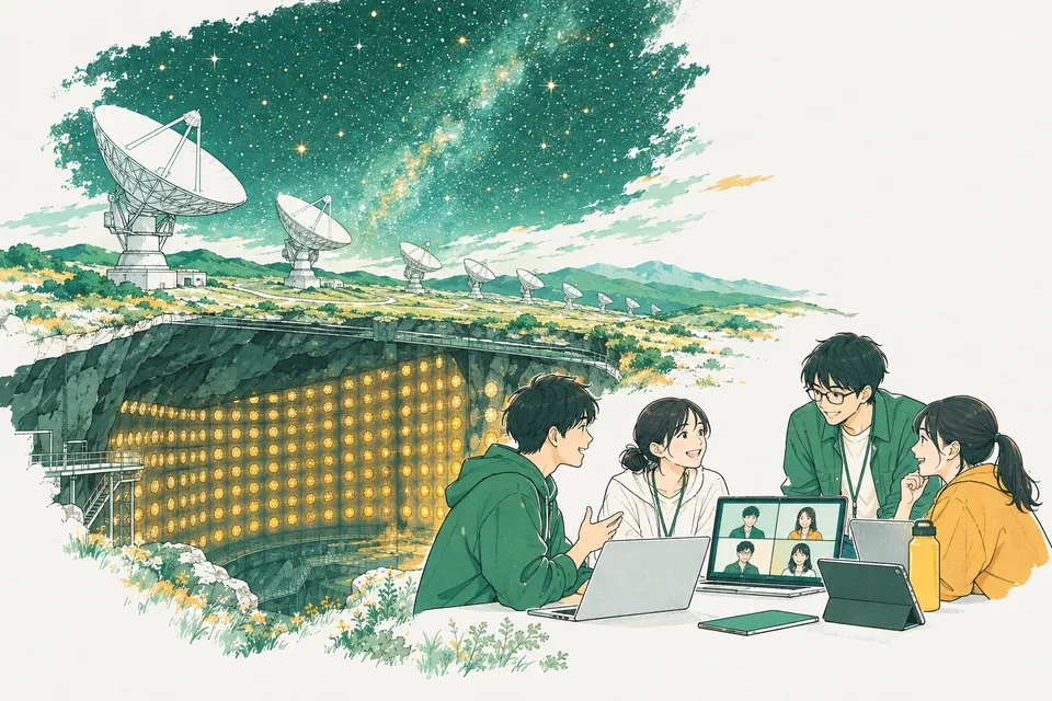 満天の星の下に並ぶパラボラアンテナと、地下の巨大な空洞に並ぶ丸いセンサー、その手前で画面を囲んで議論する若い研究者たち