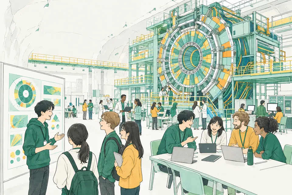 地下の実験施設で、何層にも部品が重なった巨大な測定器の前に立ち、いろいろな国の研究者とノートパソコンを囲んで話し合う学生たちと、ポスターの前で発表する学生
