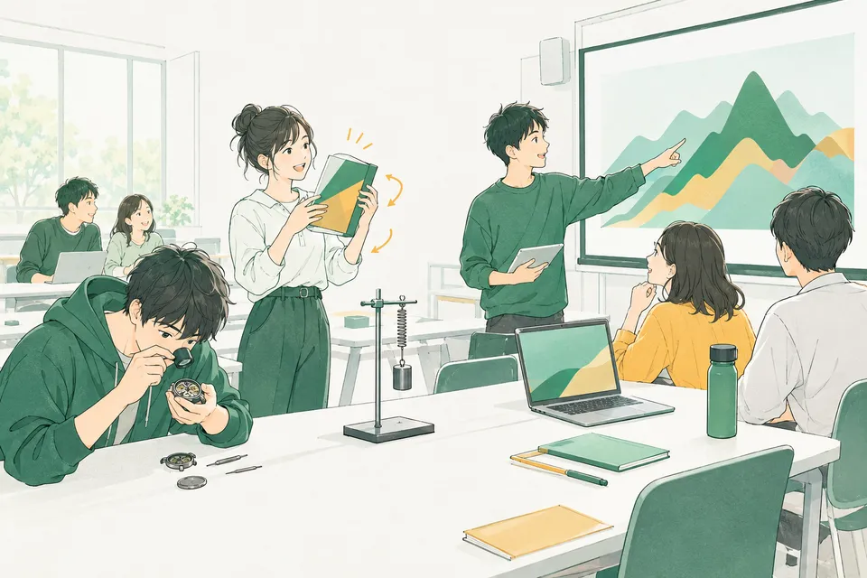 大学のセミナー室で、裏ぶたを外した腕時計の中をルーペでのぞく学生、本を手に持って向きを変えながら回してみせる学生、山の形に積み上がる点のグラフを画面で指さす学生たち