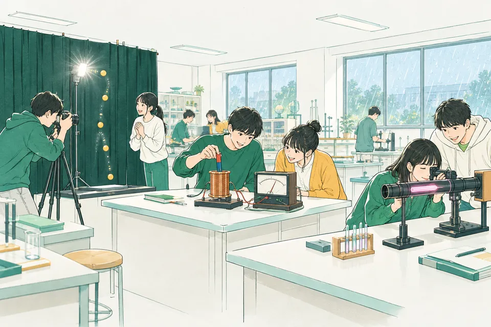 大学の実験室で、ストロボの光の中ではずむボールを撮る学生、コイルに磁石を出し入れして計器の針を見る学生、ピンク色に光る細いガラス管を分光器でのぞく学生たち