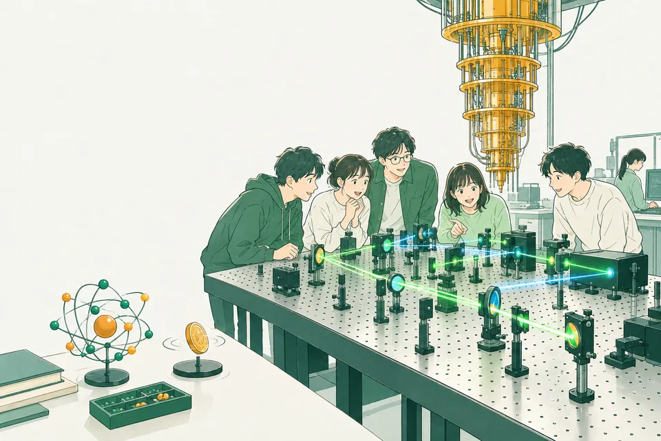 緑や青のレーザー光が鏡とレンズの間を走る光学台を囲み、銀色の冷却装置や原子の模型を前に話し合う学生たち