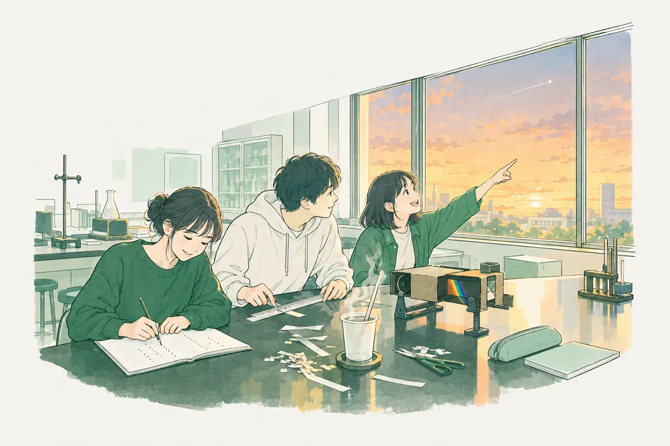夕方の大学の実験室で、温度計や手作りの分光器を囲んで計測する新入生たちと、窓の外の空を横切る宇宙ステーションの光