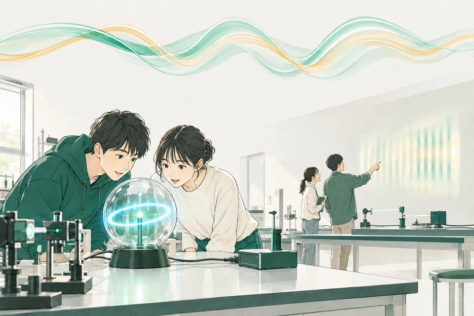 暗くした実験室で、ガラス球の中に青く光る電子の輪を見つめる学生たちと、壁に映る光の干渉のしま模様