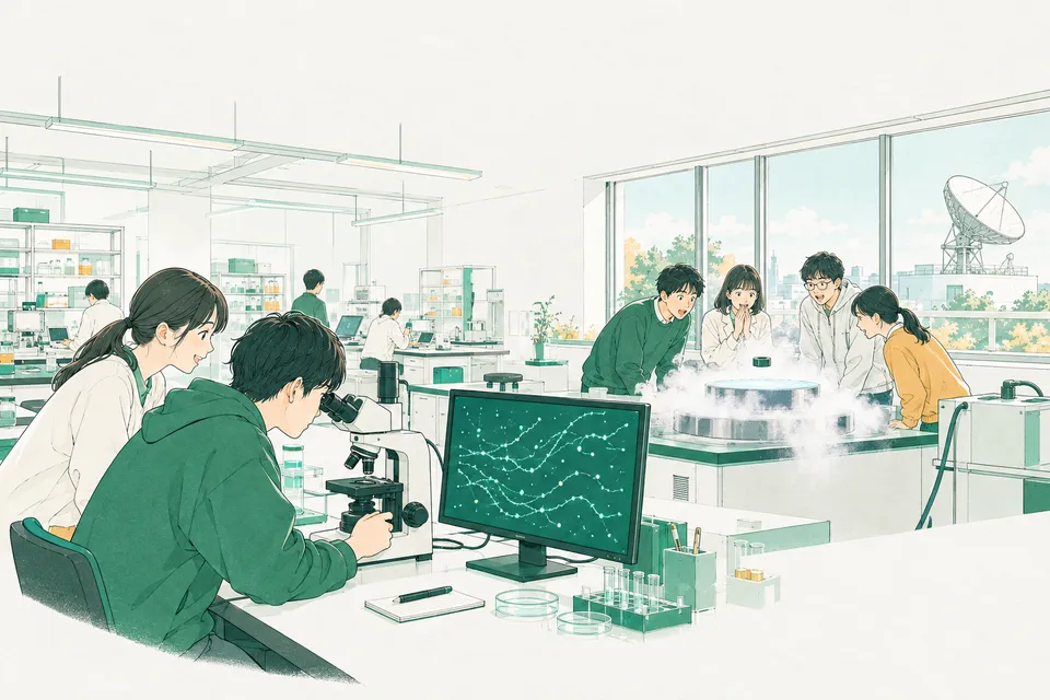 顕微鏡で水の中の小さな粒の動きを追う学生と、冷やした物質の上に浮かぶ磁石を見つめる学生たち