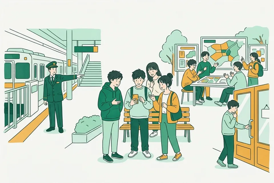 駅のホームで指差し確認をする係員、アプリの試作画面を囲む学生、防災マップを見る学生、ドアの前で迷う人など、街の中で心理学を生かす場面