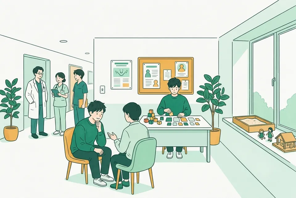明るい相談室で話を聴く学生、心理検査の道具を準備する学生、病院のスタッフと話し合う学生など、心の支援を学ぶ大学生たち
