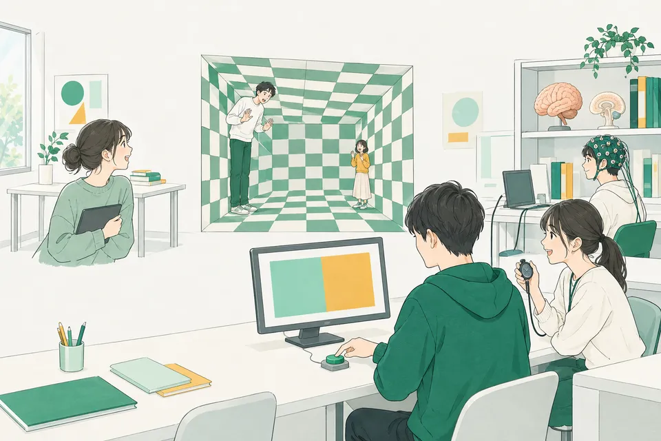 錯覚を体験できるゆがんだ部屋、反応の速さを測るパソコン、脳の模型、脳波を測る帽子を囲んで、実験を進める大学生たち