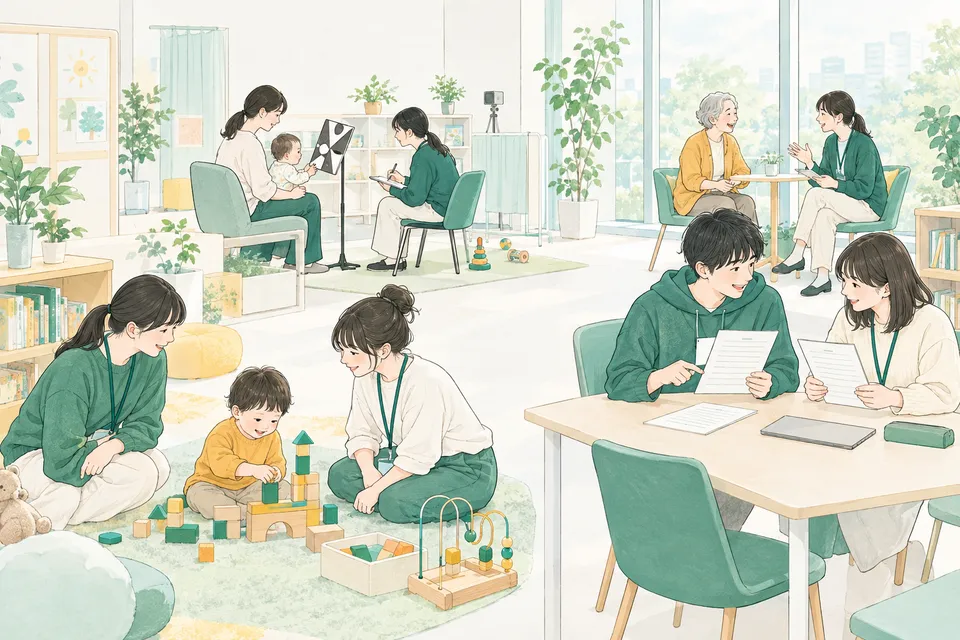模様のパネルを見つめる赤ちゃん、積み木で遊ぶ子ども、質問紙を見比べる学生、高齢の人と話す学生など、さまざまな年齢の人と関わりながら学ぶ大学生たち
