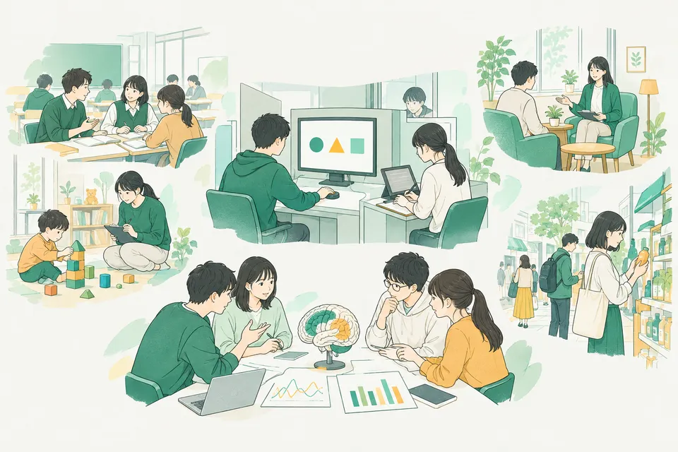 心理学の実験室、子どもの観察、相談室、街での調査など、心のはたらきを調べて人を支える学生たち