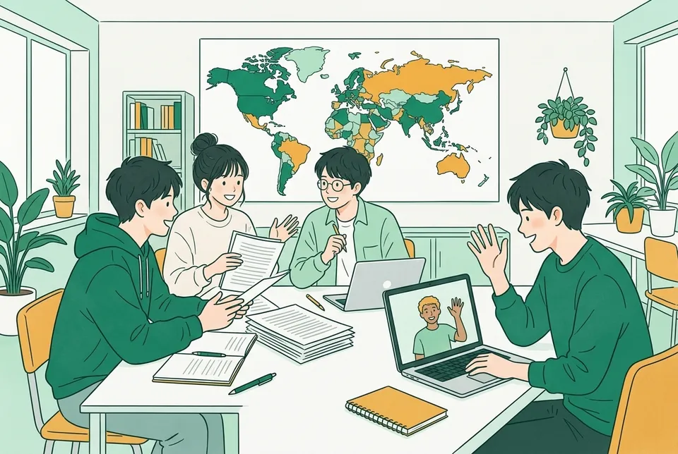 ゼミ室で英語の論文の束を囲んで話し合う学生と、ノートパソコンの画面越しに海外の学生と手を振り合う学生たち