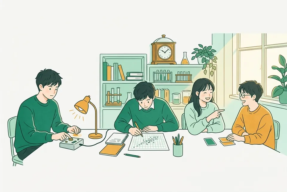 心理学の実験室で、ランプが光った瞬間にボタンを押す学生、方眼紙に点を打つ学生、2 枚のカードで当てっこをする学生たち