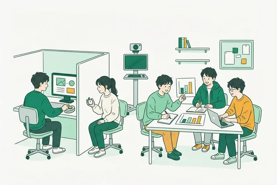 心理学の実験室で、画面の図形を見てボタンを押す学生、ストップウォッチで時間を測る学生、結果をグラフにまとめる学生たち