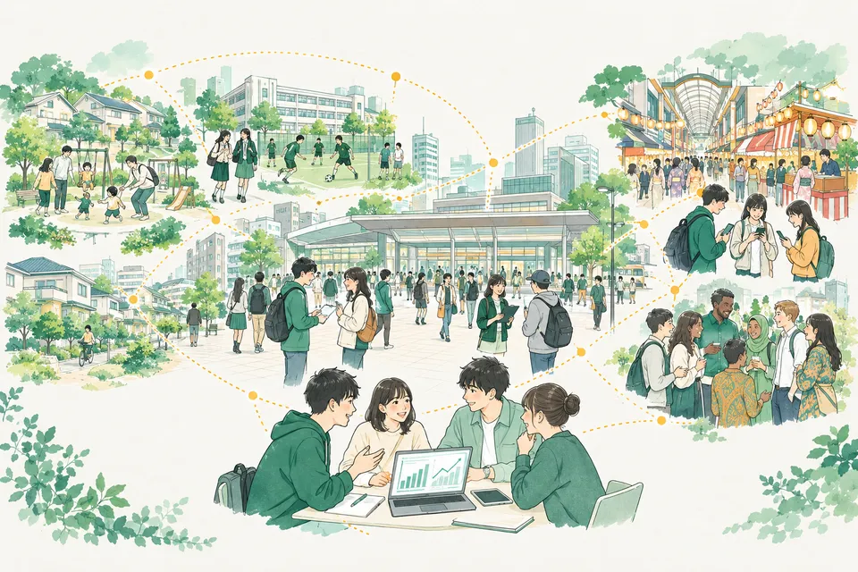 住宅地・学校・商店街・駅前広場がある町で、アンケートやインタビュー、データ分析に取り組む学生たち