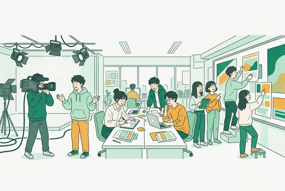 テレビ局のスタジオ、新聞の編集部、駅の大きな広告が一続きになった場面で、カメラやノートを手に企画を話し合う学生たち
