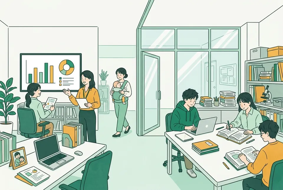 明るいオフィスと大学の研究室が一続きになった場面で、社員アンケートのグラフを囲んで話し合う人事担当者と、データを読み込む大学院生