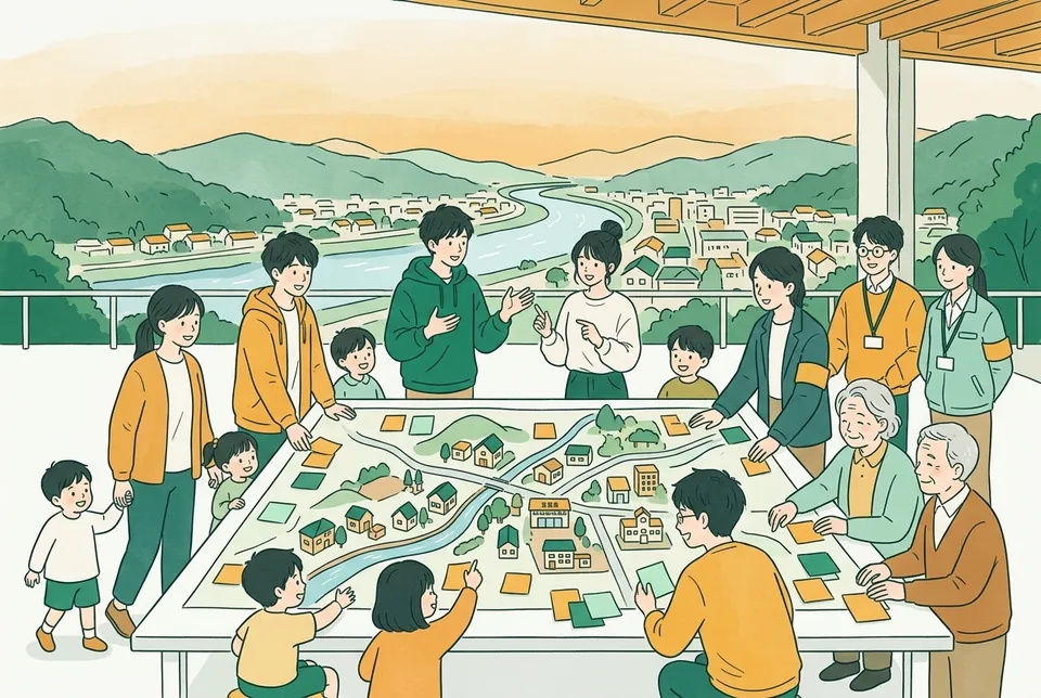 川と商店街、住宅地がある町の大きな地図を囲み、職員と住民、大学生が付せんを貼りながら子育てや防災の計画を話し合う様子