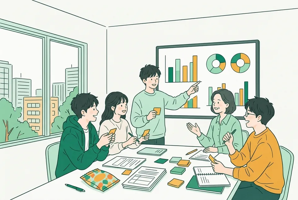 色とりどりのグラフを映した大きな画面と、試作のお菓子が並ぶ机を囲み、アンケートの結果やインタビューのメモを読み解くリサーチャーと学生たち
