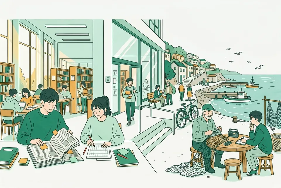図書館で古い新聞の束をめくる学生、小さな録音機を置いて年配の漁師の話を聞く学生、原稿に赤ペンで直しを入れる学生たち