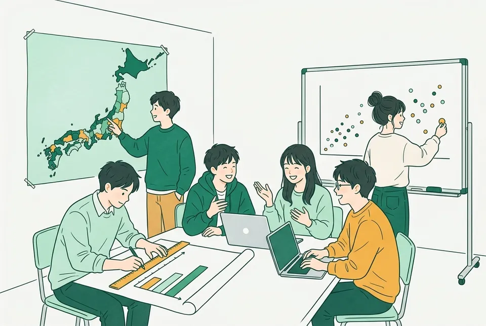 明るい教室で、模造紙の棒グラフを描き直す学生、都道府県を濃淡で塗り分けた日本地図を指さす学生、散布図に点を貼っていく学生たち