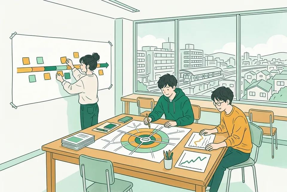 大学の演習室で、長い年表に付箋を貼る学生、街の地図に同心円を描いて色分けする学生、2 つの時代のグラフを見比べる学生たち