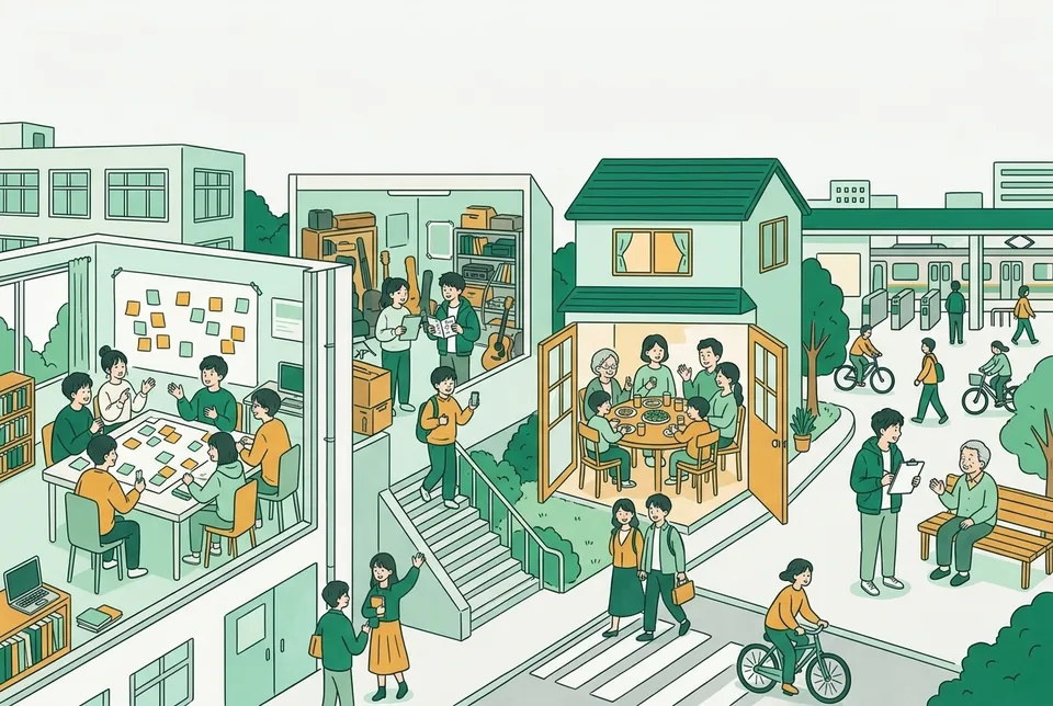 教室、部室、家の食卓、駅前の広場が一つの町につながり、いろいろな年代の人と話したり、アンケートを集計したりする大学生たち
