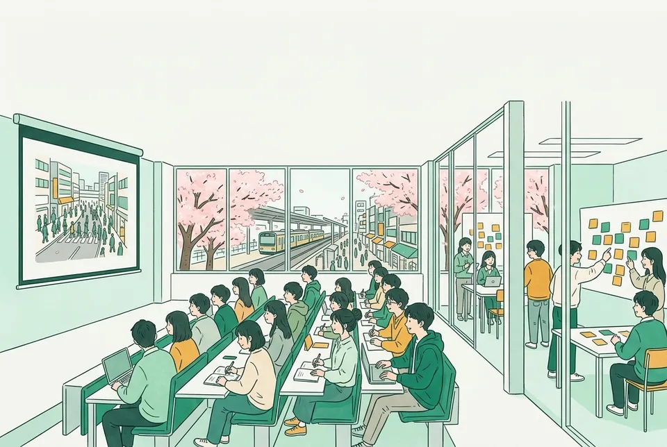 大教室で町の写真を見ながらノートを取る 1 年生と、駅のホームや商店街で気づいたことを話し合う学生たち