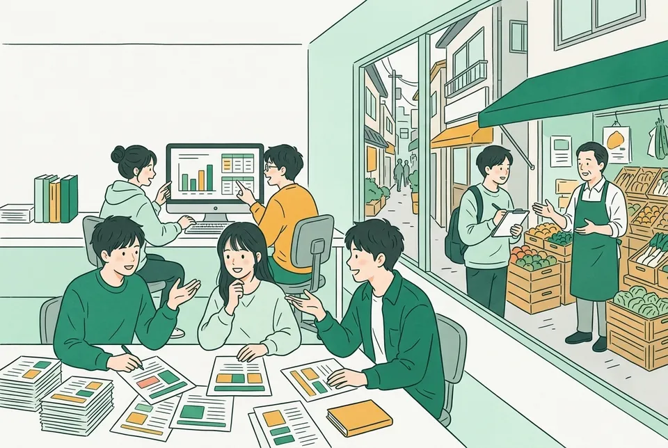 アンケート用紙を前に質問文を話し合う学生、下町の路地でお店の人に話を聞く学生、パソコンで集計表を作る学生