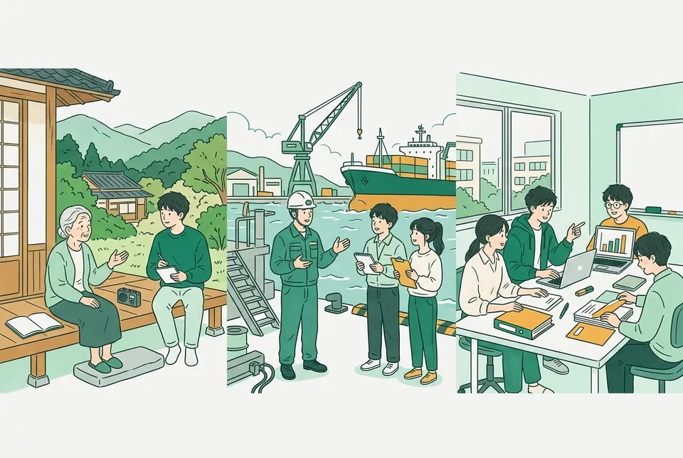 山あいの集落で住民に話を聞く学生、港町の造船所を見学する学生、大学の部屋でデータを分析して報告書をまとめる学生たち